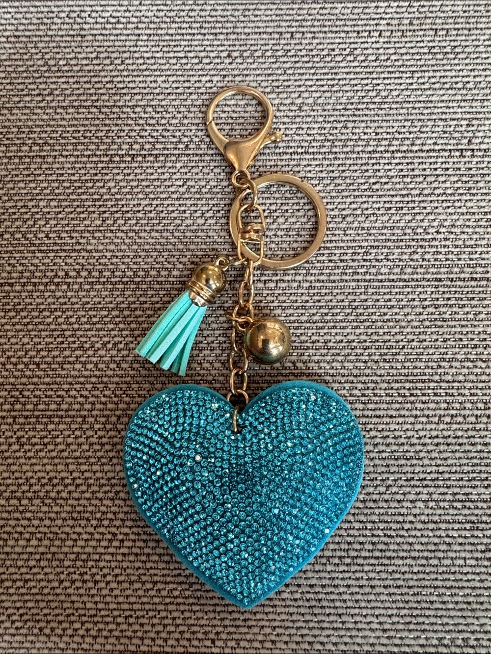Gold-Tone Keychain with Blue Crystal Heart and Tassel